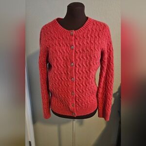 Off Red to Rust Wool Cable Knit Cardigan Sweater